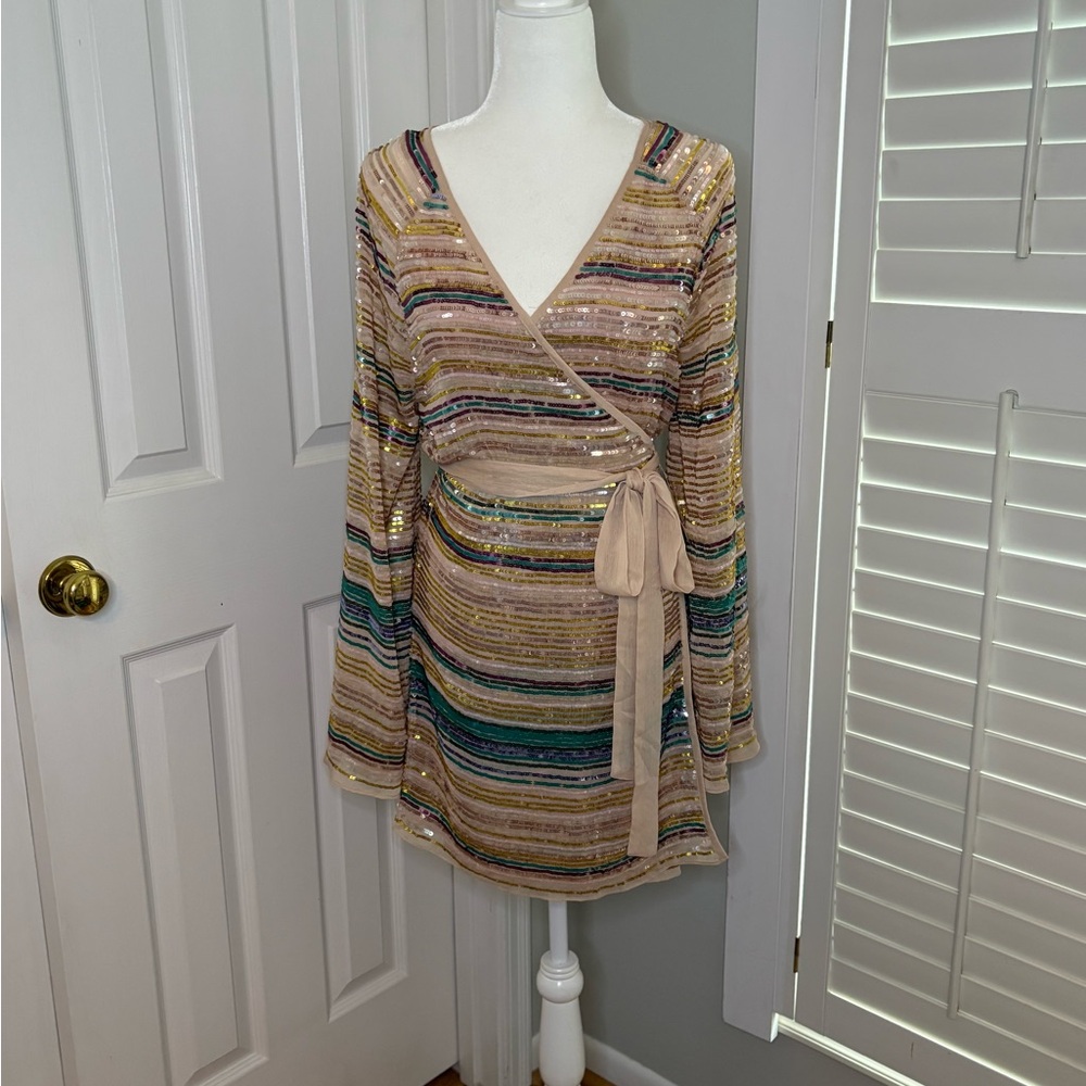 TULAROSA Robin Sequin Striped Bell Sleeve Wrap Dress Size S Revolve
